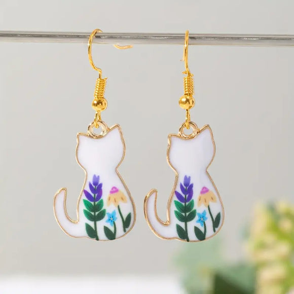 Watercolor Floral Cat Earrings