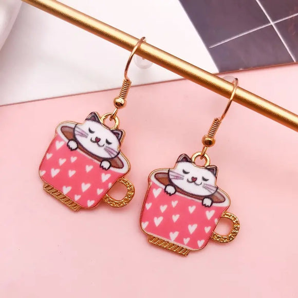 Polka Dot White Kitty Teacup Earrings