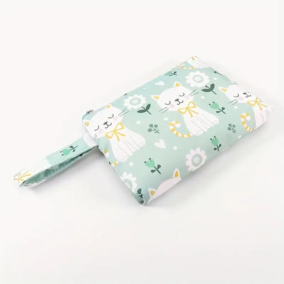 Green Floral Kitty Makeup Pouch