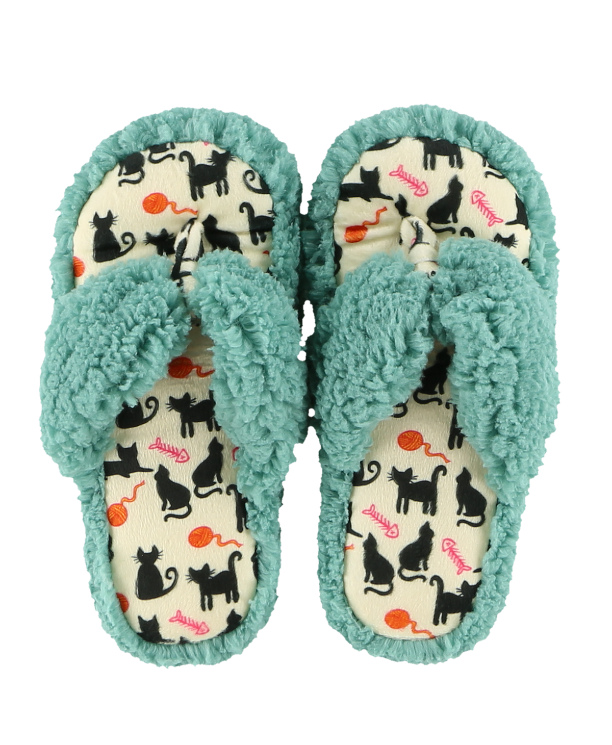A pair of plush fuzzy slippers with a teal blue-green trim and a cream-colored footbed printed with black cat silhouettes, orange balls, and pink 'Jenny' text, shown against a plain white background.