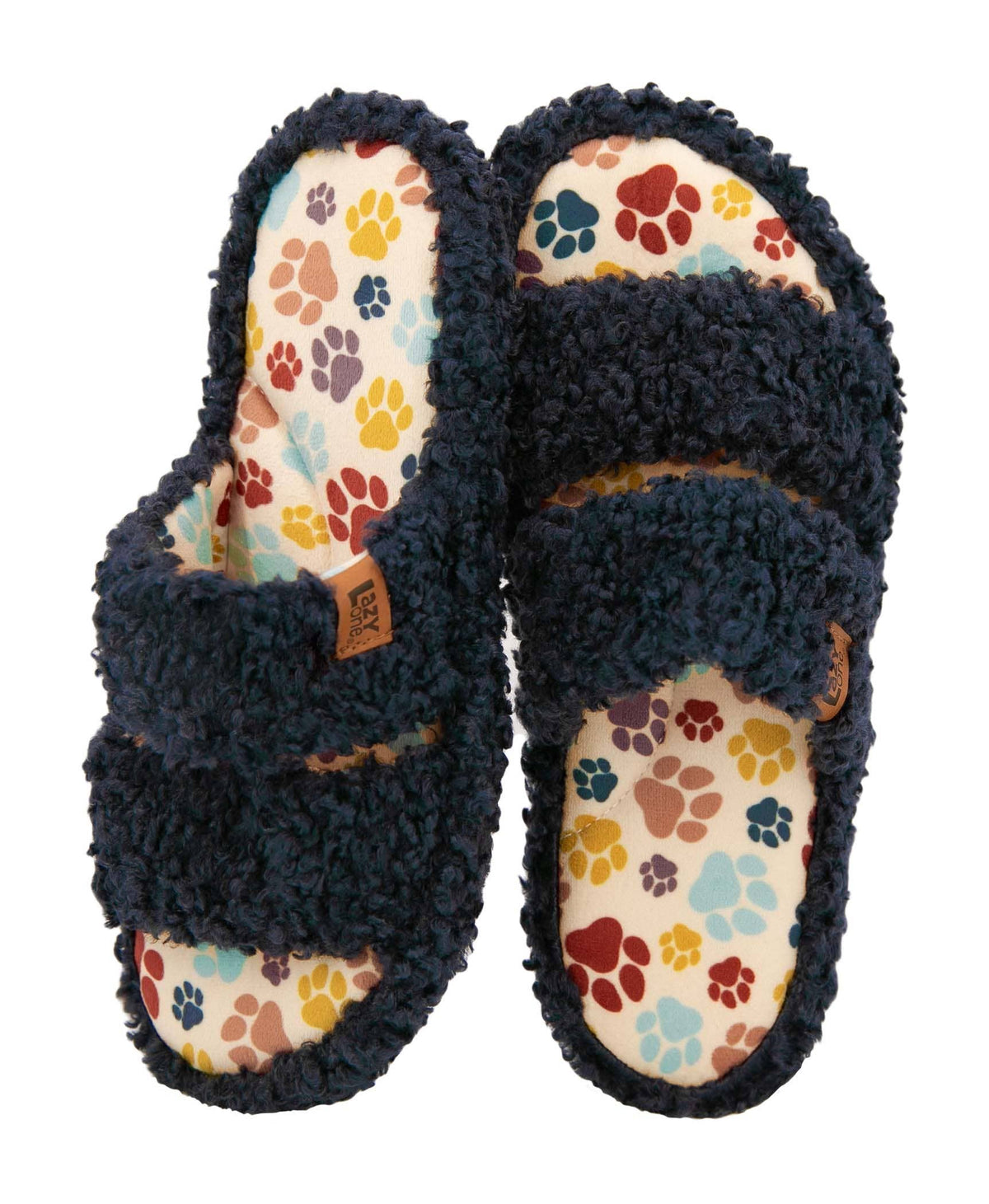 Pair of navy blue slippers with paw print pattern on a white background