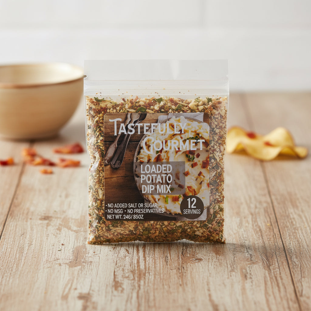 A package of Tastefully Gourmet Loaded Potato Dip Mix, showing the clear plastic bag with the mixed dip ingredients visible inside and a printed label on the front.