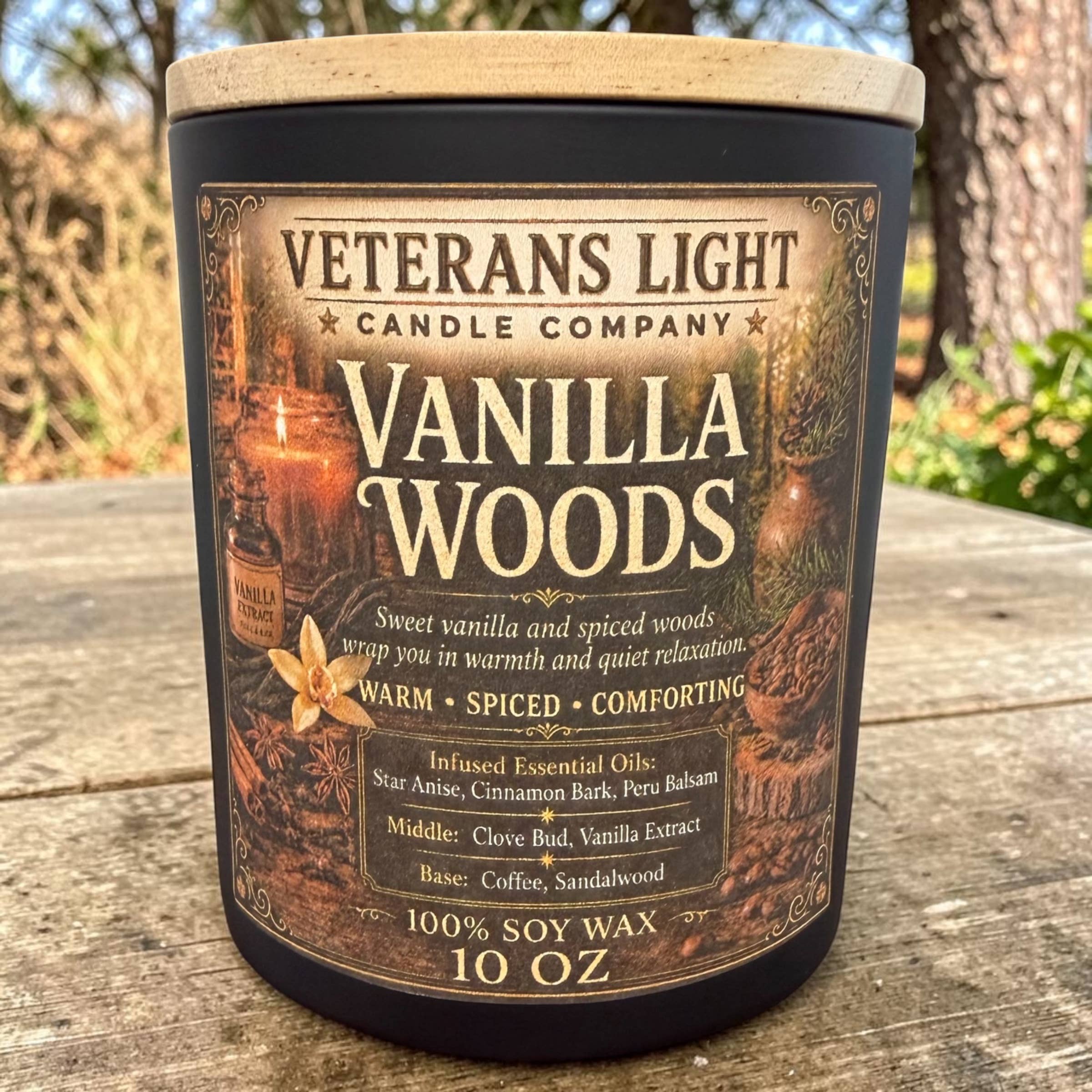 Veterans Light 10oz Candle - Vanilla Woods