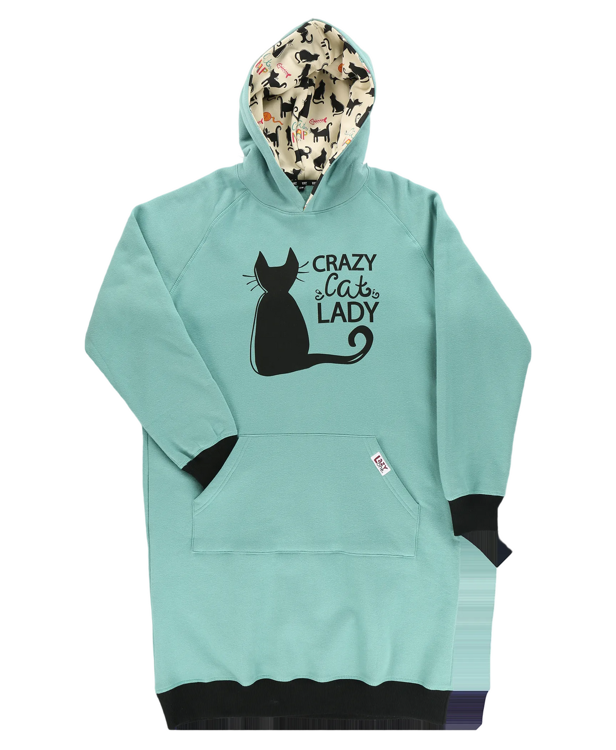 A light teal hooded sweatshirt dress with a black cat silhouette and 'Crazy Cat Lady' text on the front, featuring a black-lined kangaroo pocket, black ribbed cuffs and hem, and a multicolor patterned lining inside the hood.