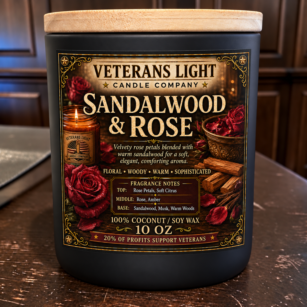 Veterans Light 10oz Candle - Sandalwood & Rose Coconut Soy Candle – candle at the Feline Community Network gift shop