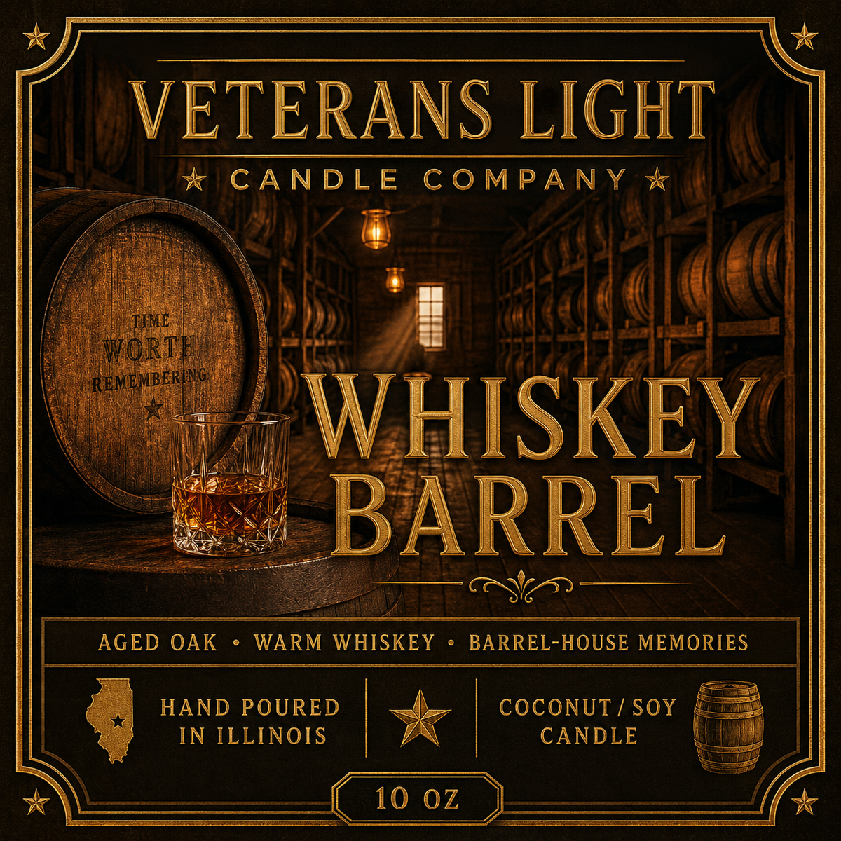 Veterans Light 10oz Candle - Whiskey Barrel – candle at the Feline Community Network gift shop