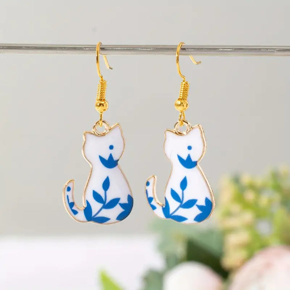 Blue Floral Cat Earrings