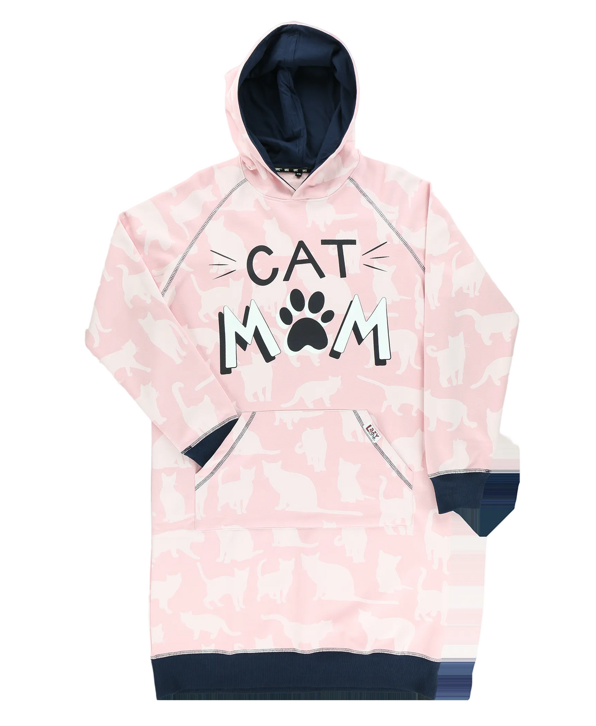 A pink hoodie with a light pink and white cat silhouette pattern, featuring a large 'CAT MOM' graphic with a paw print on the chest. The hoodie has a navy blue hood lining, cuffs, and hem, and is shown against a plain white background.