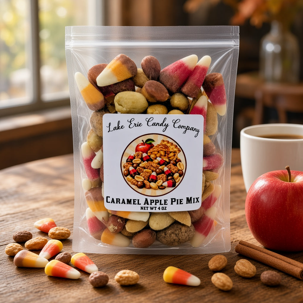 Lake Erie Candy Company Caramel Apple Pie Mix bag on a café table with a red apple, candy corn and cinnamon sticks