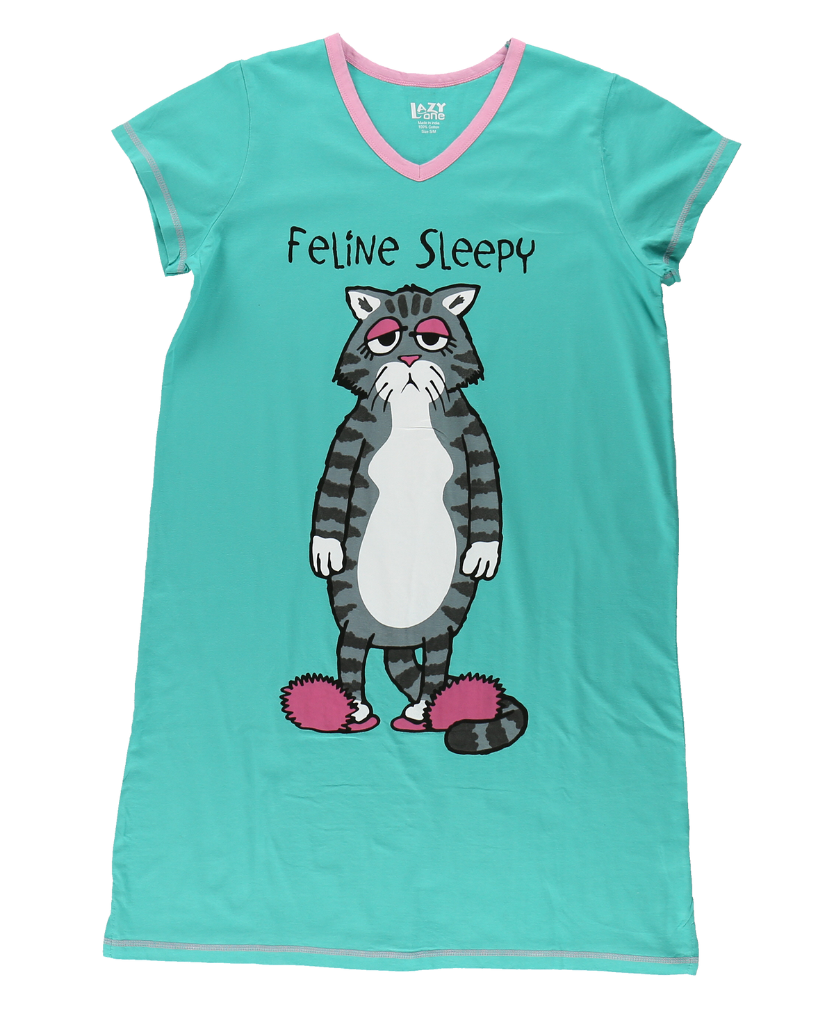 A turquoise short-sleeve V-neck t-shirt with a pink collar trim, featuring a cartoon graphic of a grumpy tabby cat with the text 'Feline Sleepy' above it. The shirt is displayed flat against a white background.