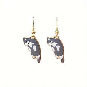 Grey & White Dangle Kitty Earrings