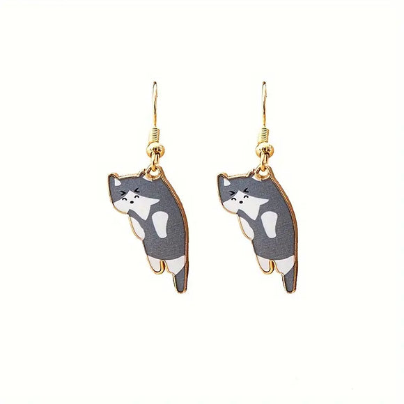 Grey & White Dangle Kitty Earrings