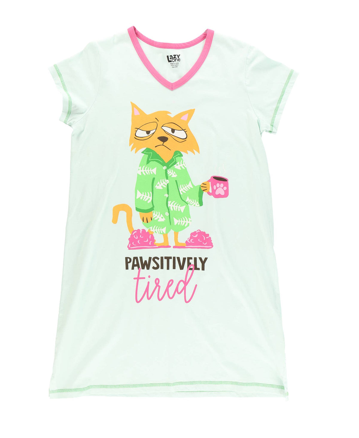 A women's short-sleeve V-neck pajama top in mint green with a pink collar trim. The front features a cartoon graphic of an orange cat wearing green patterned pajamas and holding a pink paw cup, with the text 'PAWSITIVELY tired' printed below.