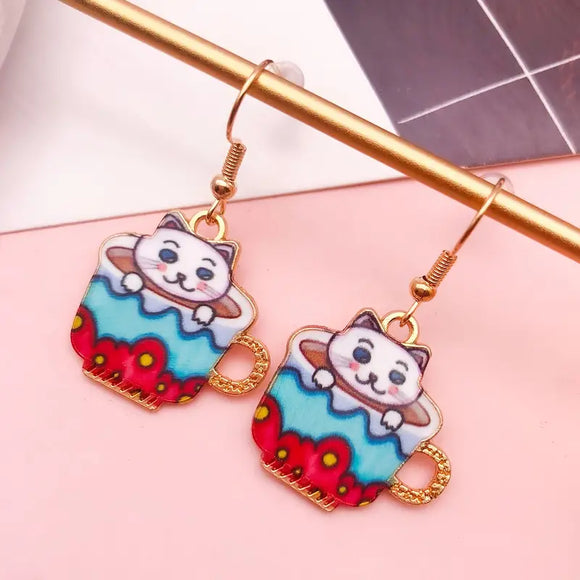 White Teacup Kitty Earrings