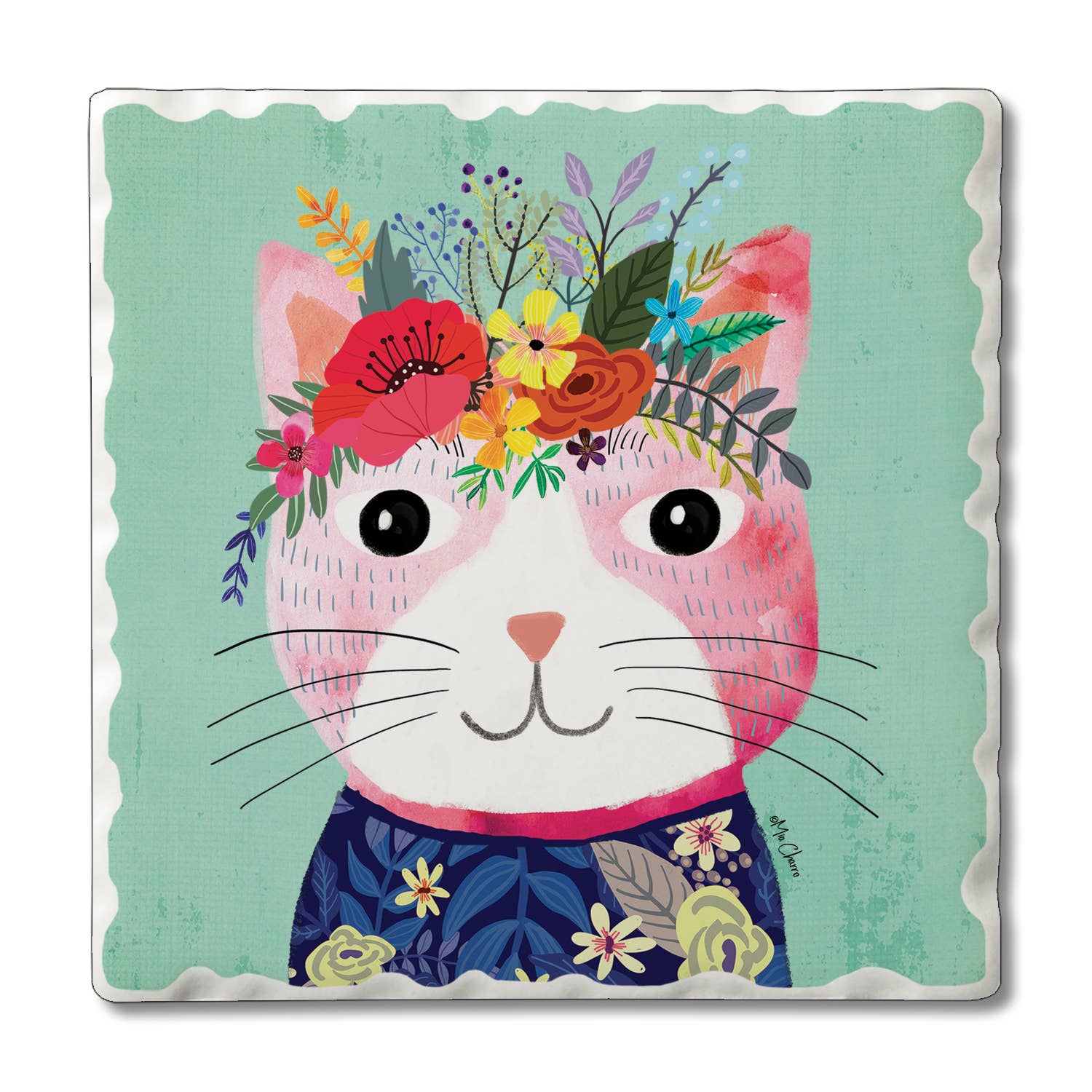 Floral Pets-Shorthair Single Tumbled Tile Coaster