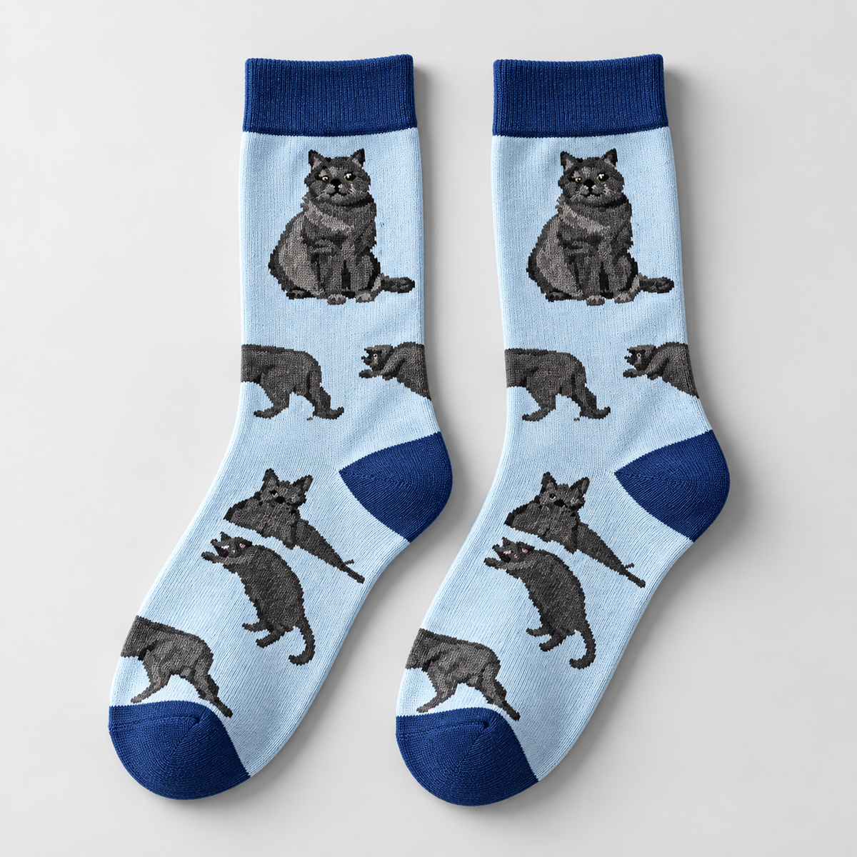 Moody Gray Cats Blue Crew Socks