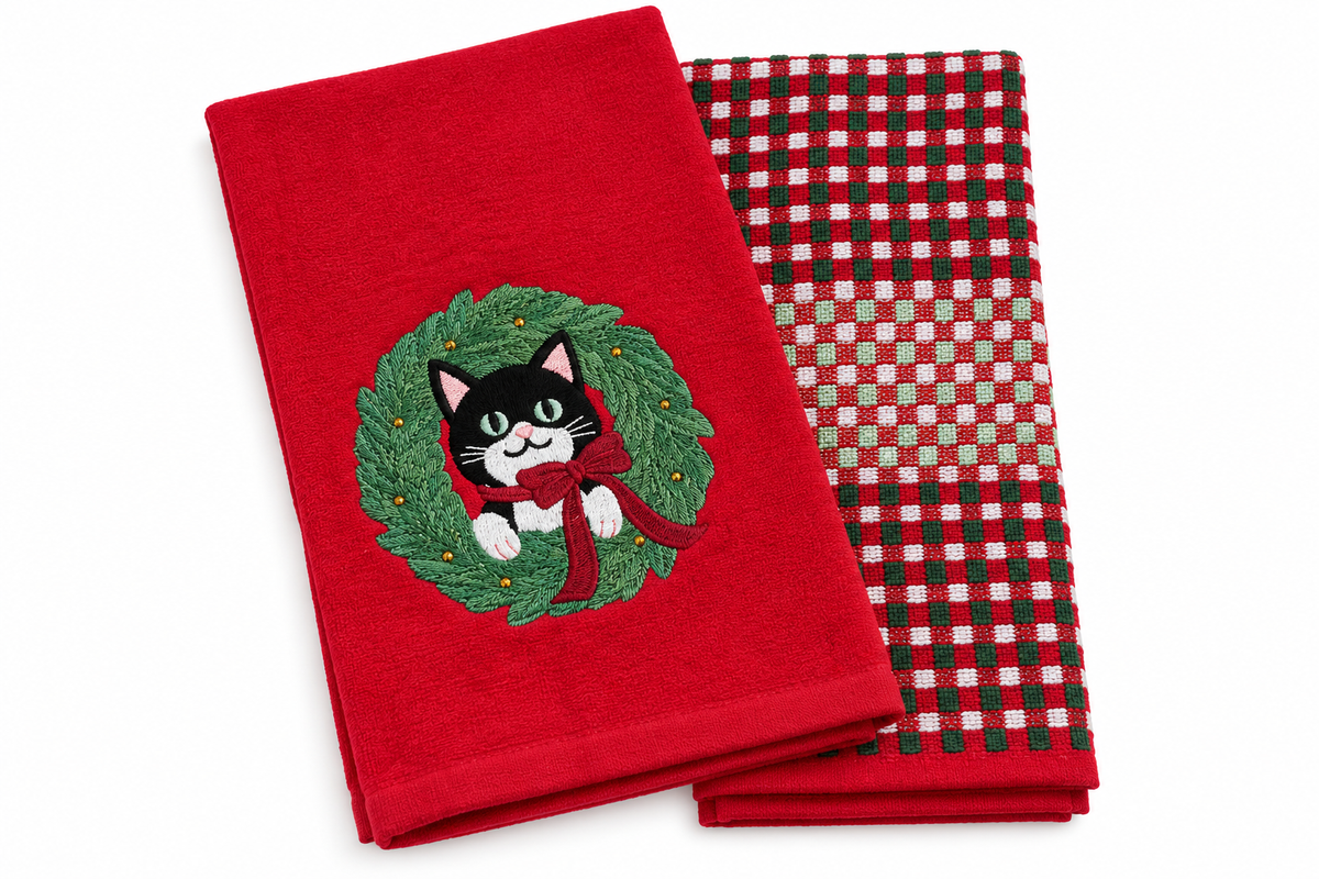Christmas Wreath Kitty Kitchen Towel Set