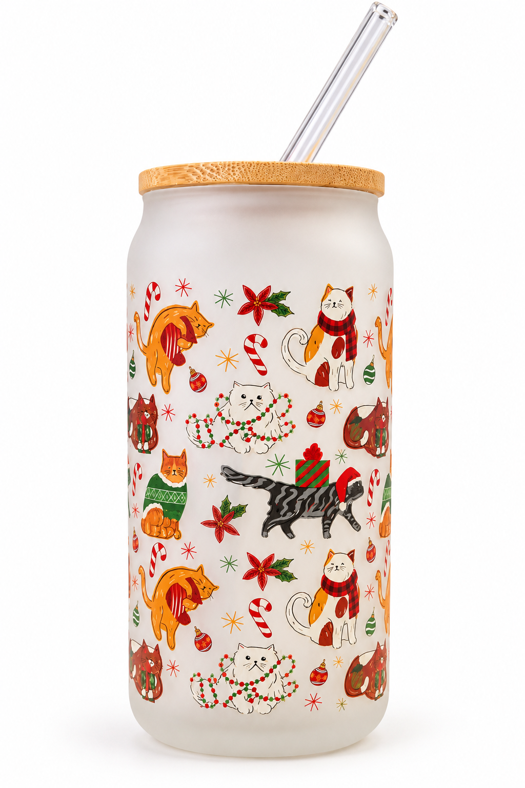 Meowy Christmas Glass Tumbler with Straw