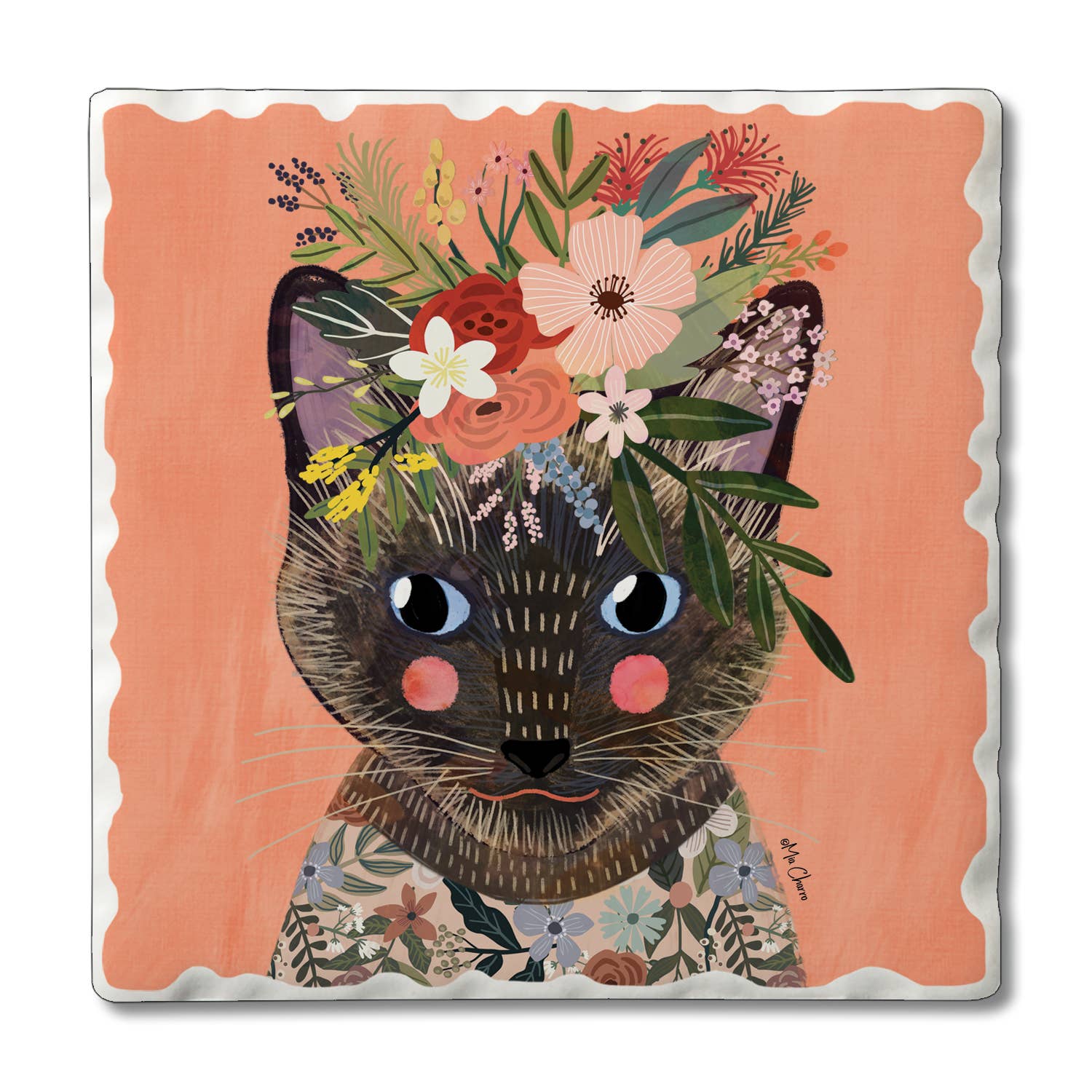 Floral Pets-Siamese Single Tumbled Tile Coaster