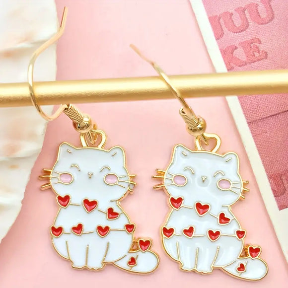 White Heart Cat Earrings