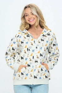 Meow Cat Print Zip Up Hoodie