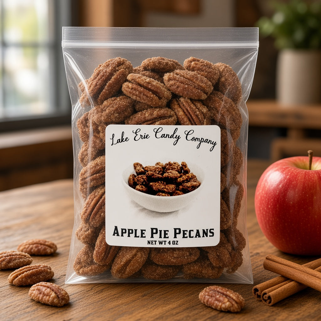 Lake Erie Candy Company Apple Pie Pecans bag on a café table with a red apple, cinnamon sticks and scattered pecans