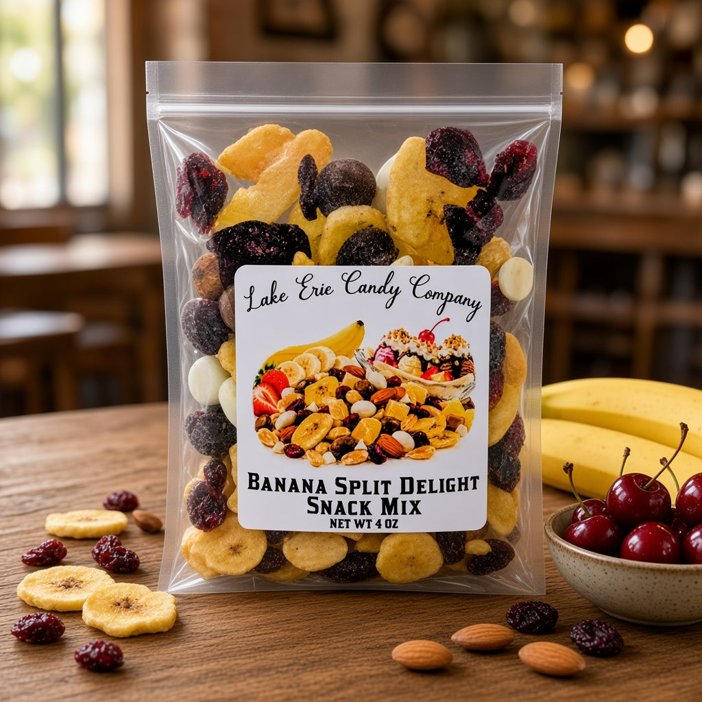 Lake Erie Candy Company Banana Split Delight Snack Mix bag on a café table with bananas, cherries and dried fruit