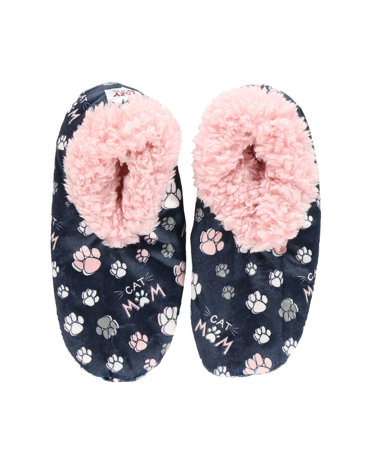 A pair of navy blue slippers with a pink and white cat-themed print, featuring paw prints, the words 'CAT MOM', and fluffy pink lining.