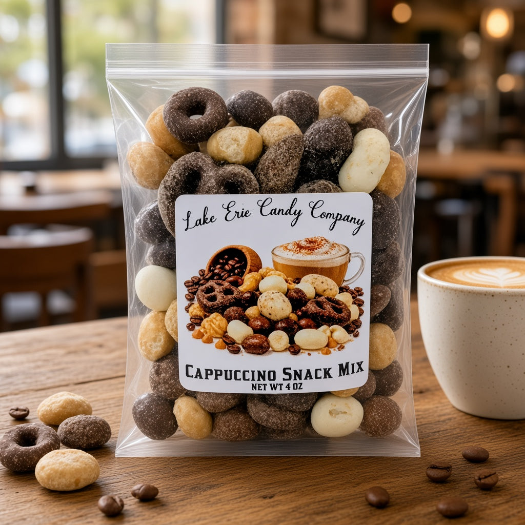 Lake Erie Candy Company Cappuccino Snack Mix bag on a café table with a cappuccino and coffee beans