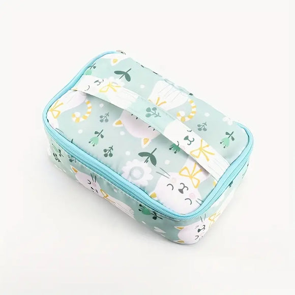 Green Floral Kitty Makeup Bag