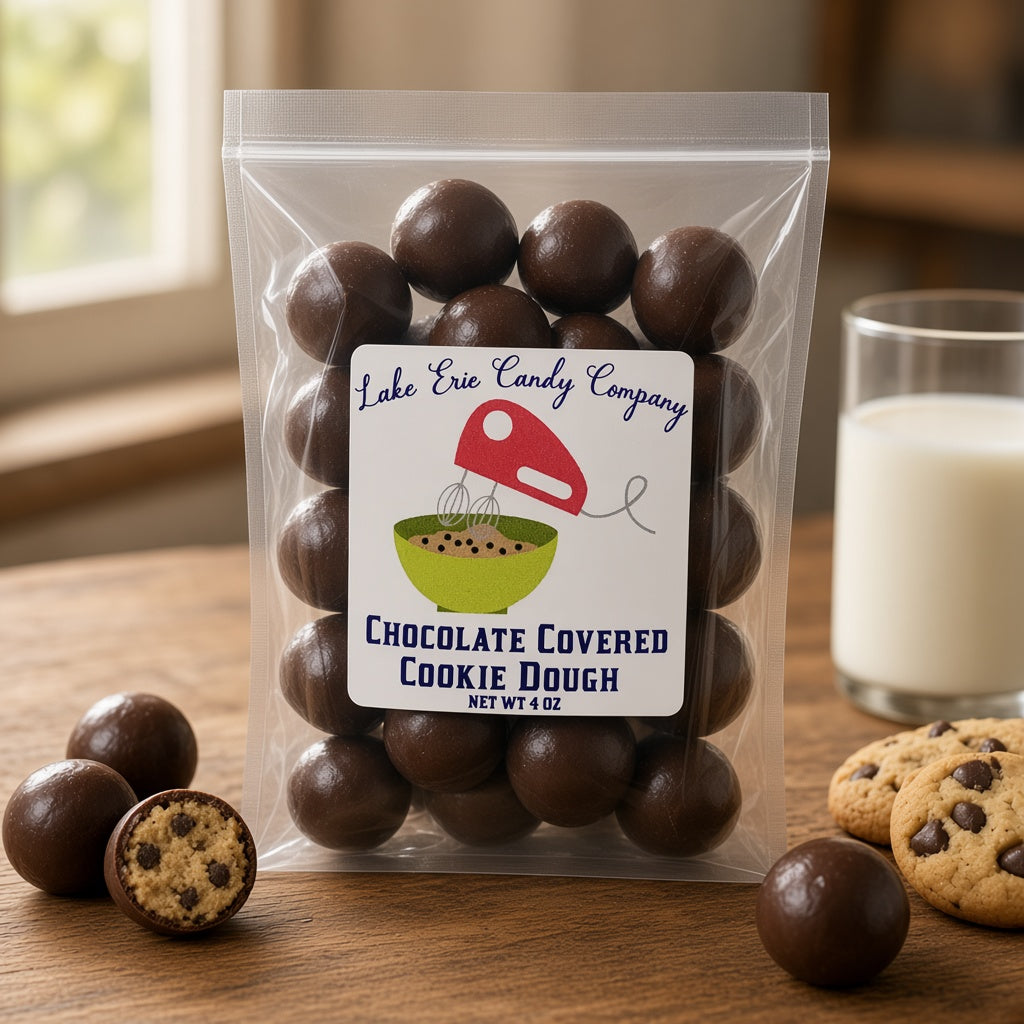 Lake Erie Candy Company Chocolate Covered Cookie Dough bag on a café table with a glass of milk and chocolate chip cookies