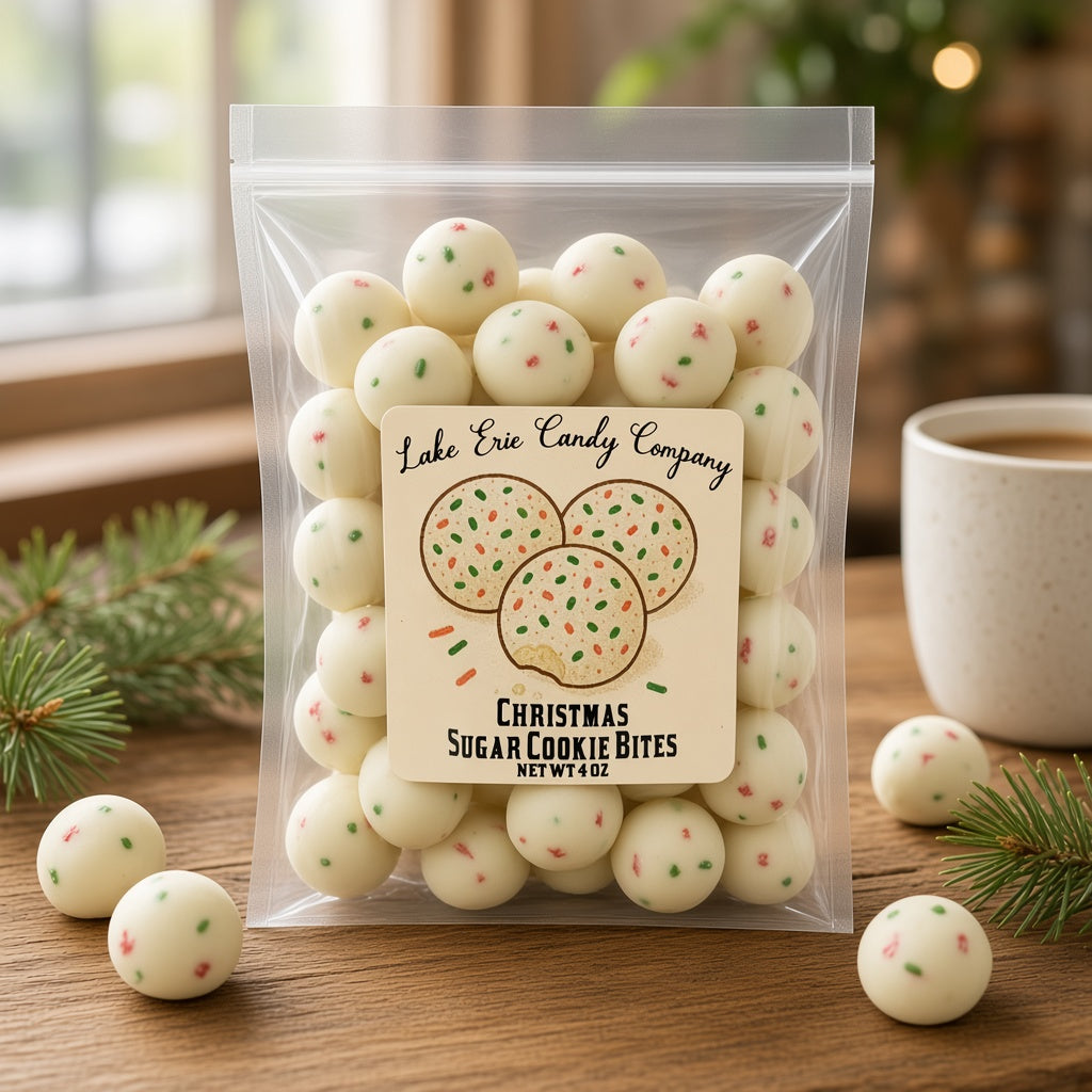 Lake Erie Candy Company Christmas Sugar Cookie Bites bag on a café table with coffee and pine sprigs