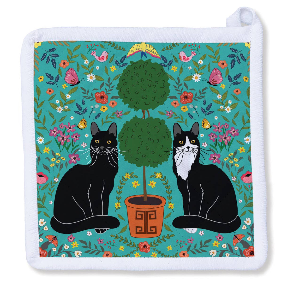 Tuxedo and Black Cat with Topiary Potholder  