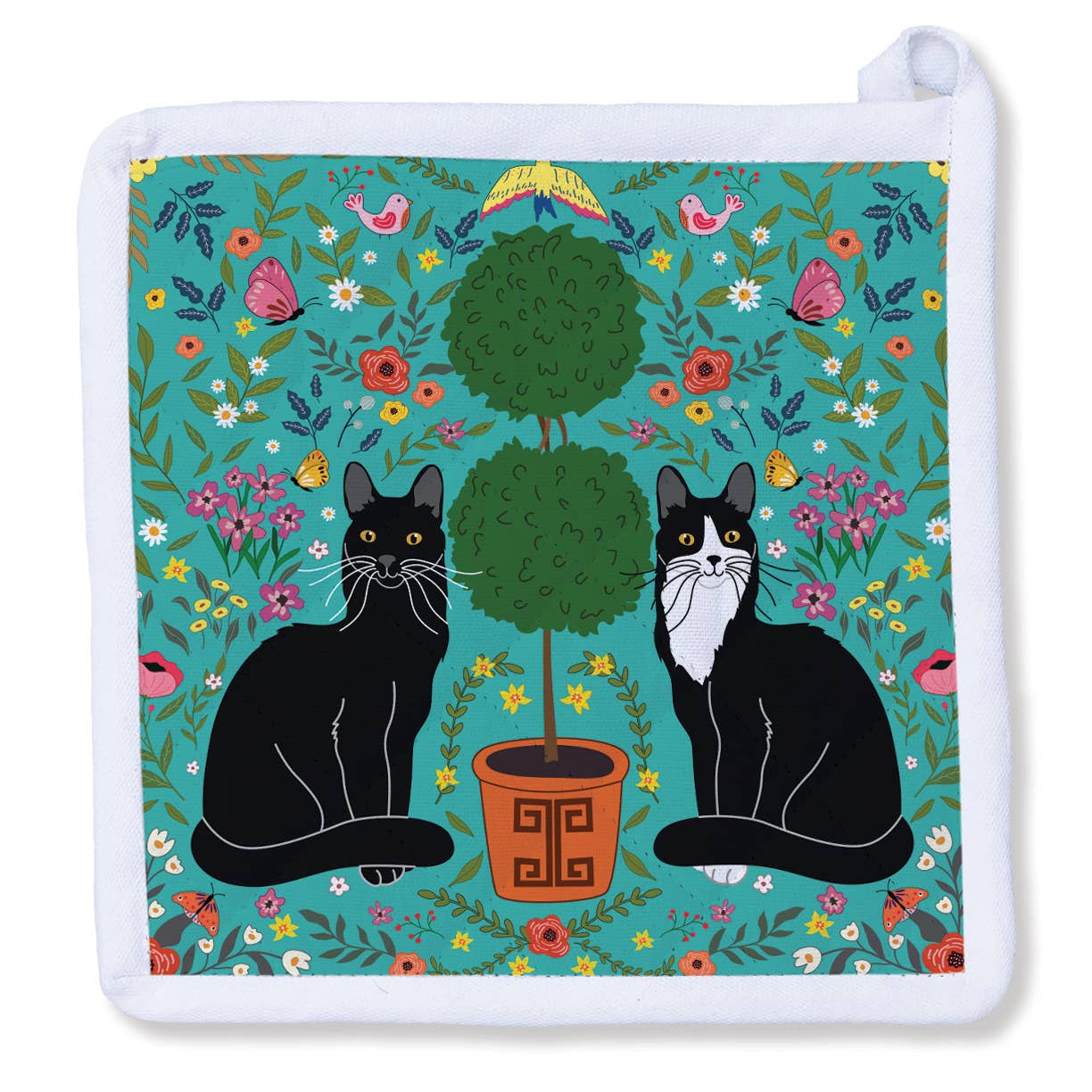 Tuxedo and Black Cat with Topiary Potholder  
