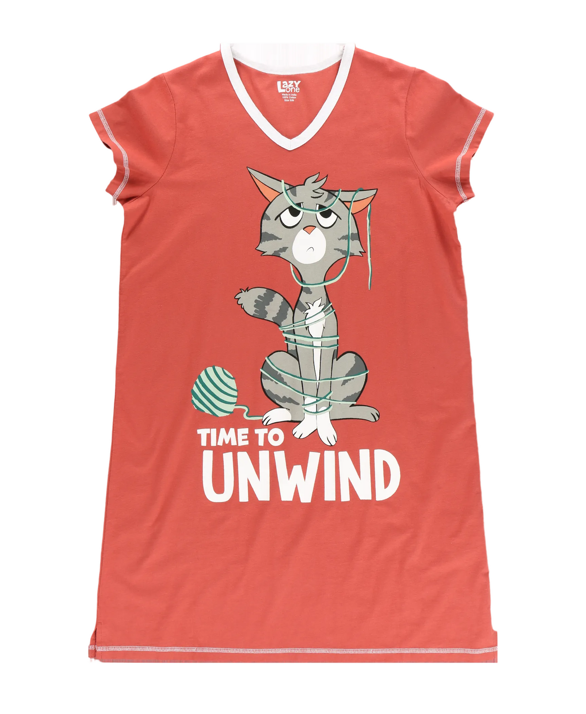 A coral red short-sleeve V-neck nightshirt featuring a cartoon graphic of a gray cat wrapped in tape with a ball of yarn, and the text 'TIME TO UNWIND' printed below.