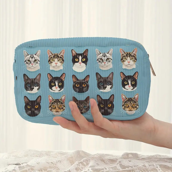 Multi Faces Kitty Medium Corduroy Makeup Pouch