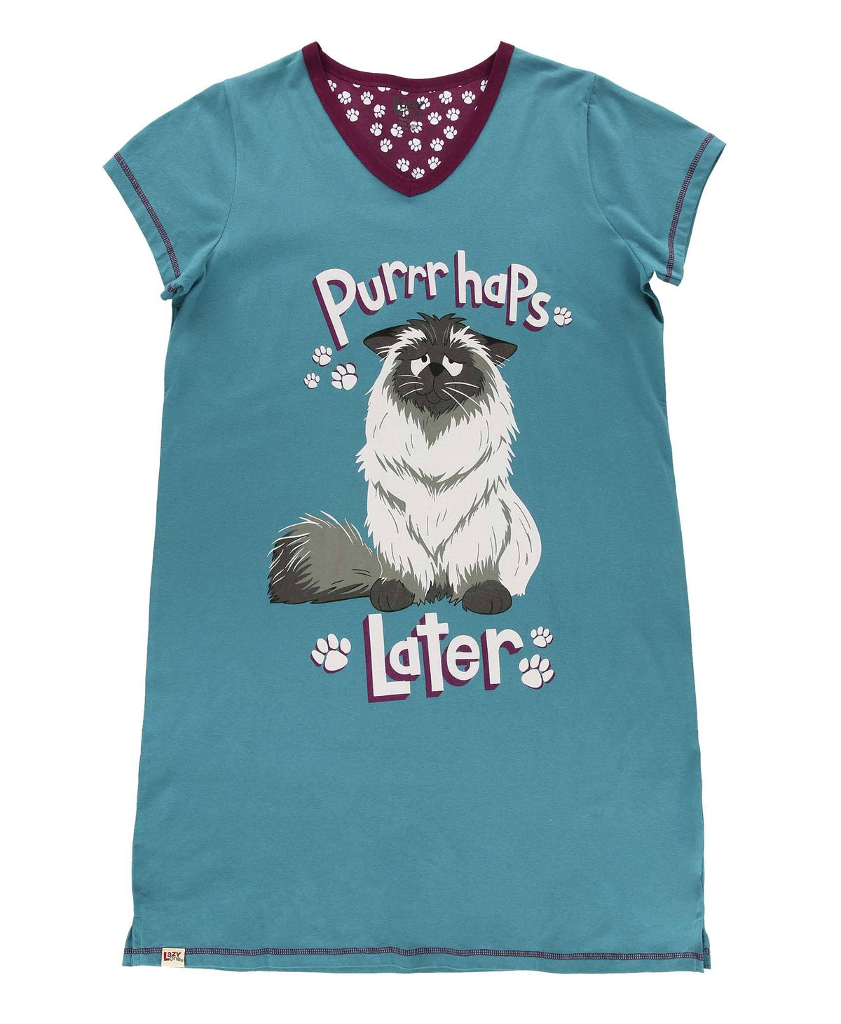 Teal t-shirt with a cat graphic and text on a white background