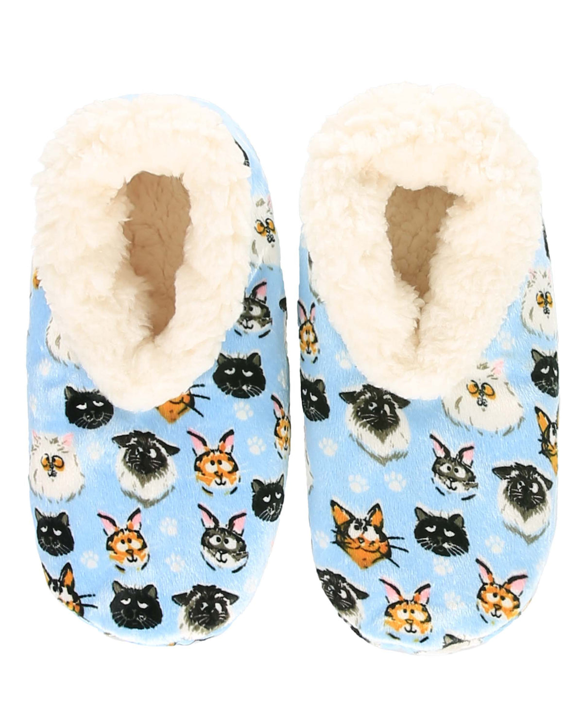 A pair of blue slip-on slippers with a white sherpa lining and an all-over print of cat and rabbit faces, shown against a plain white background.