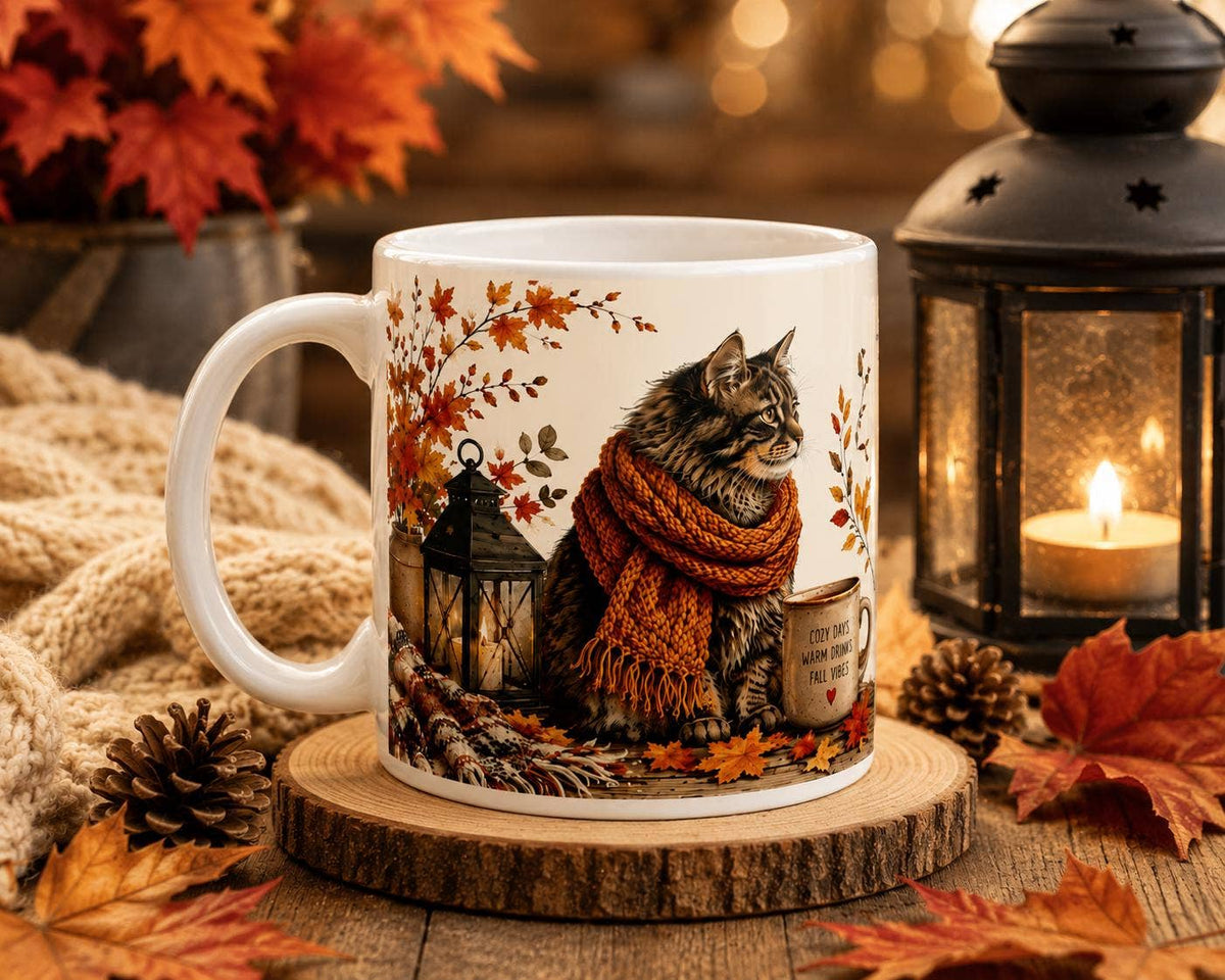 Cozy Tabby Cat Autumn Mug