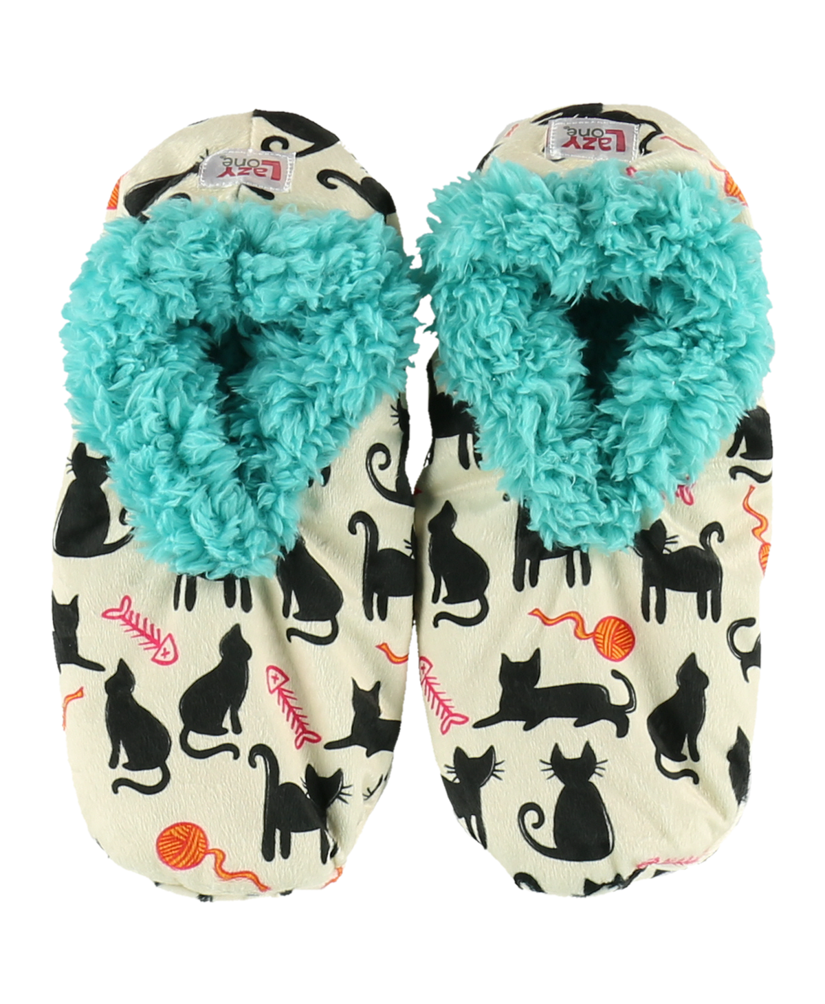 A pair of cozy slipper-style house shoes with a cream background printed with black cat silhouettes, orange yarn balls, and pink fishbones, featuring fluffy turquoise faux-fur trim.
