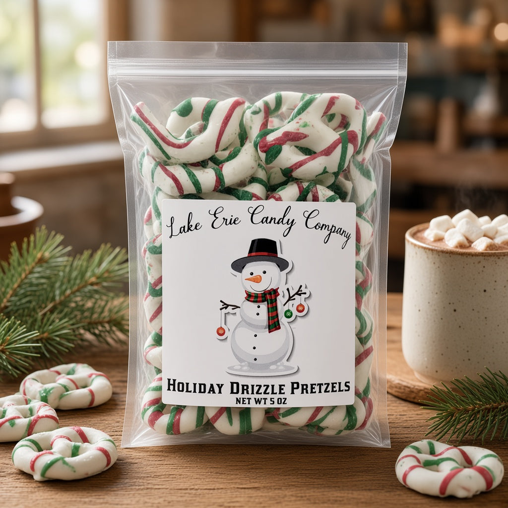 Lake Erie Candy Company Holiday Drizzle Pretzels bag on a café table with hot cocoa and pine sprigs