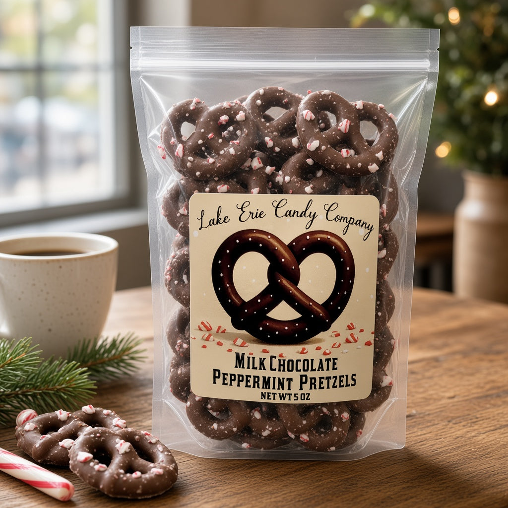 Lake Erie Candy Company Milk Chocolate Peppermint Pretzels bag on a café table with coffee, a candy cane and pine sprigs