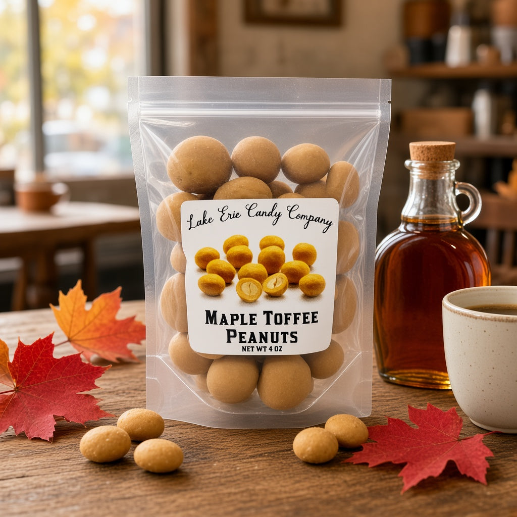 Lake Erie Candy Company Maple Toffee Peanuts bag on a café table with maple syrup, coffee and autumn leaves