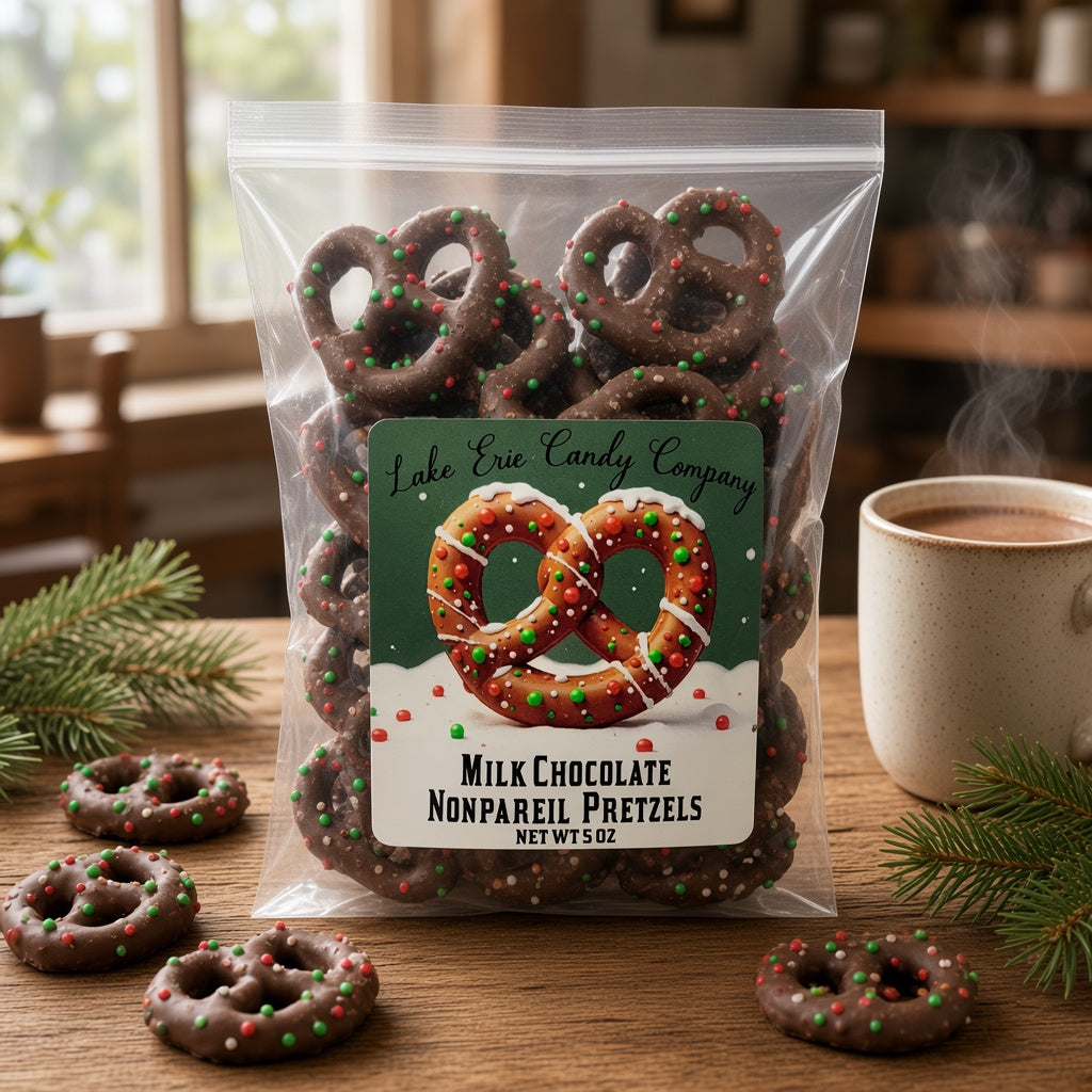 Lake Erie Candy Company Milk Chocolate Nonpareil Pretzels bag on a café table with coffee and pine sprigs