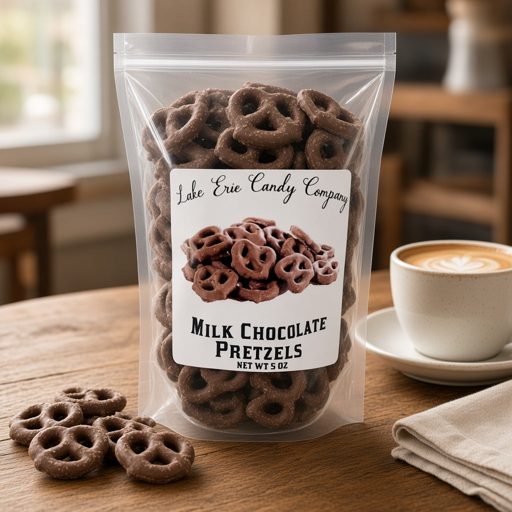 Lake Erie Candy Company Milk Chocolate Pretzels bag on a café table with a cappuccino