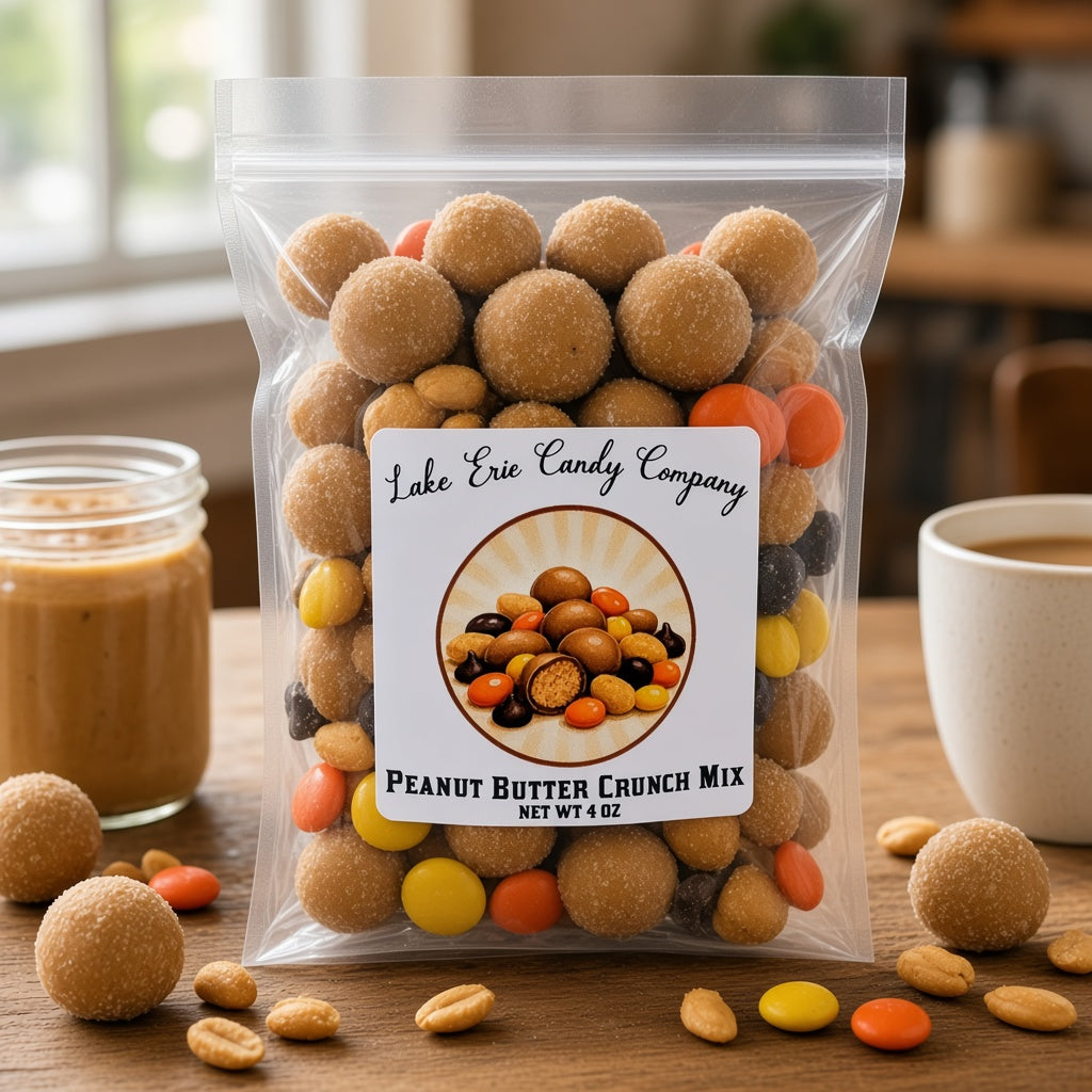 Lake Erie Candy Company Peanut Butter Crunch Mix bag on a café table with a jar of peanut butter and coffee