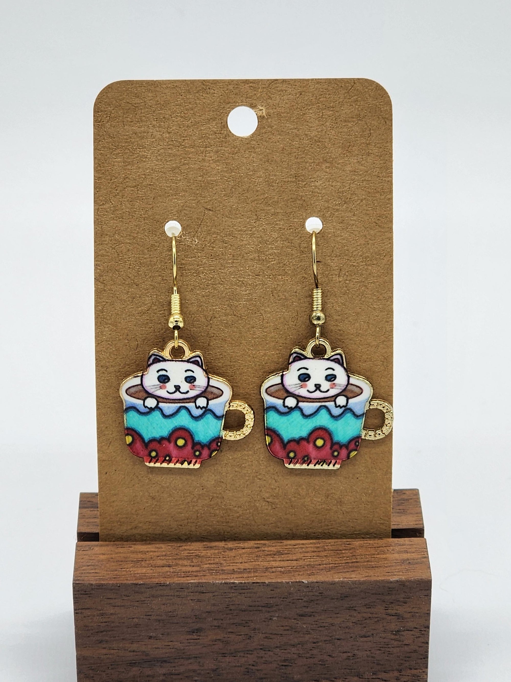 White Kitty Teacup Earrings