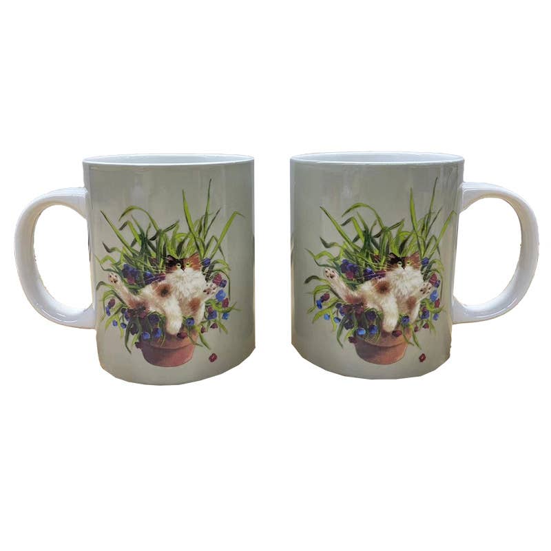 Kim Haskins Cat in a Plant Pot Green Porcelain Mug