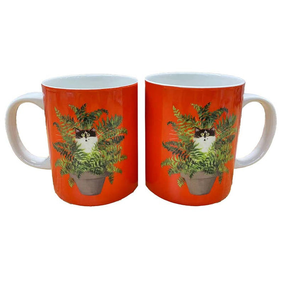 Kim Haskins Cat in a Plant Pot Red Porcelain Mug