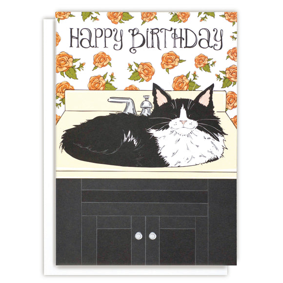 Tuxedo Cat Birthday Card - Funny Tuxedo Cat in Sink